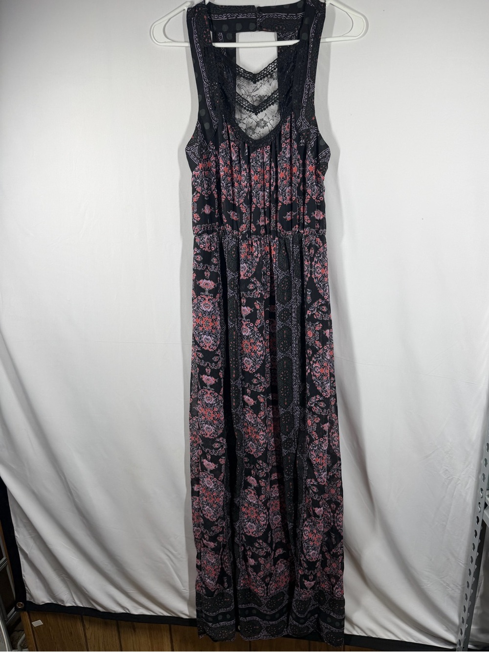 Free People black boho moroccan maxi dress lace high slit front panel Size 2